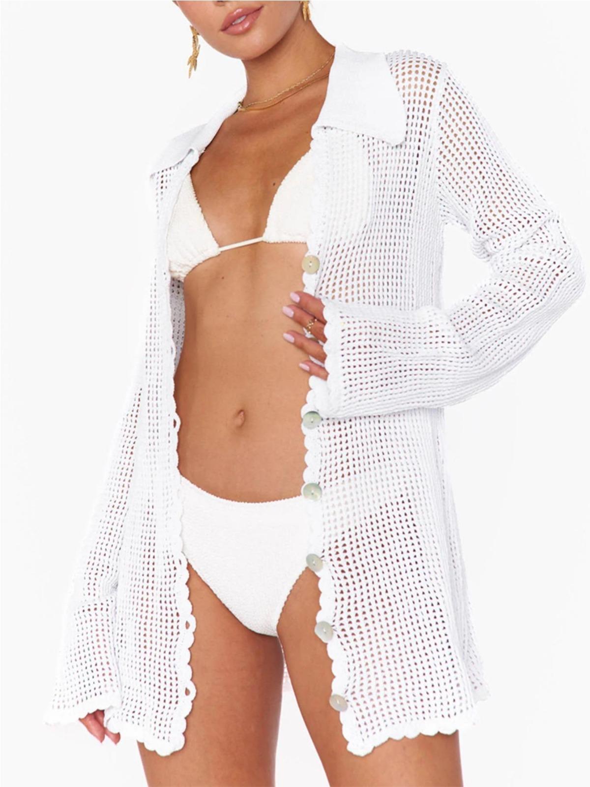 

2025 Summer Women s Loose V Neck Button Coverup Cardigan Sexy Knit Mesh Beach Dress Swimsuit Cover Up Casual Vacation Wear K187 S білий