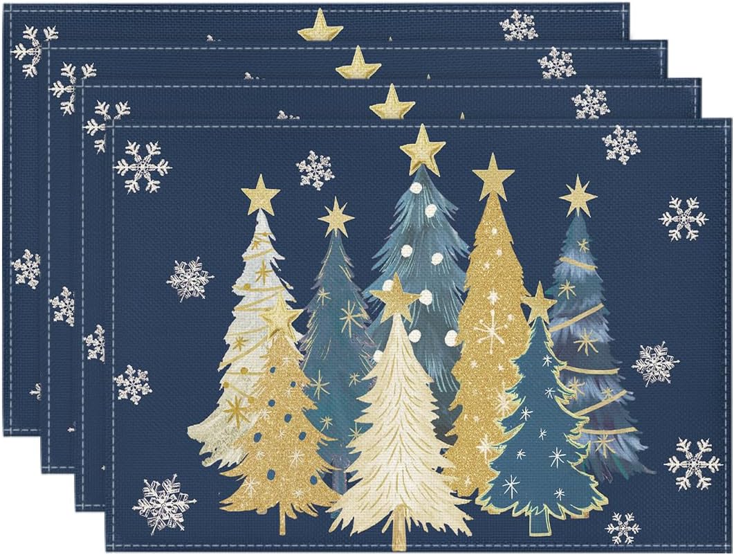 

Xmas Trees Snowflakes Winter Placemats , 12x18 Inch Seasonal Blue Christmas Table Mats for Party Kitchen Dining Decoration 4pcs
