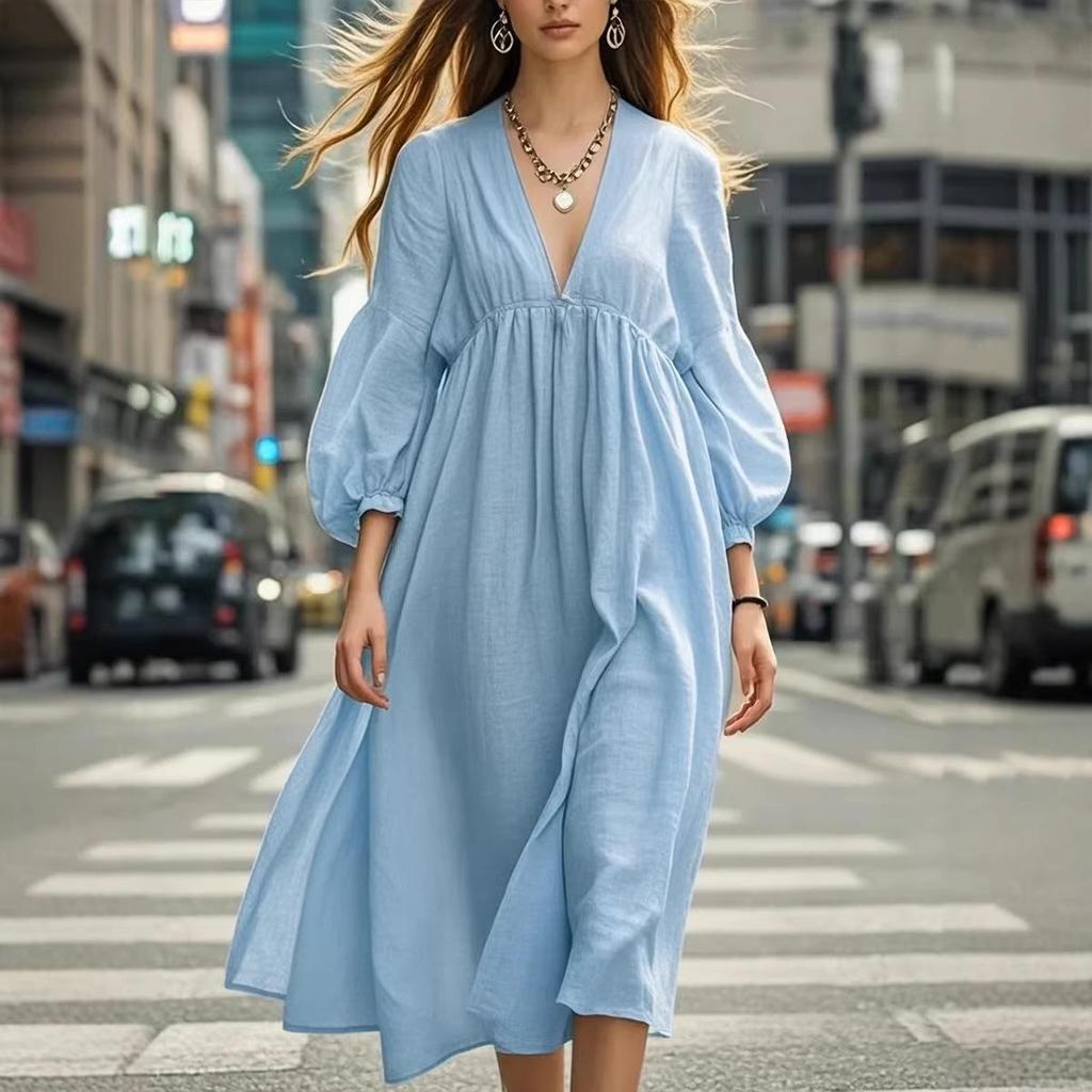 European & American Spring/Summer Women's Casual Lantern Sleeve Maxi Dress