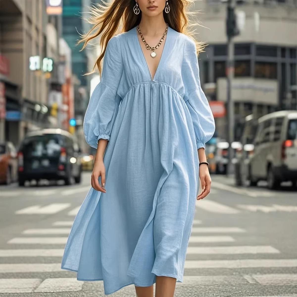 

European & American Spring/Summer Women s Casual Lantern Sleeve Maxi Dress XL синій