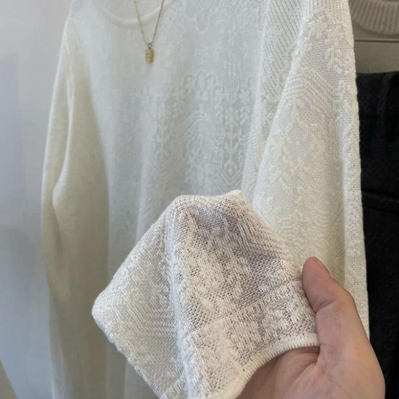 French Romantic Ruffled Collar Inner Lace Base Layer Unique Jacquard Long Sleeve Knitwear Loose Hollow-out Top