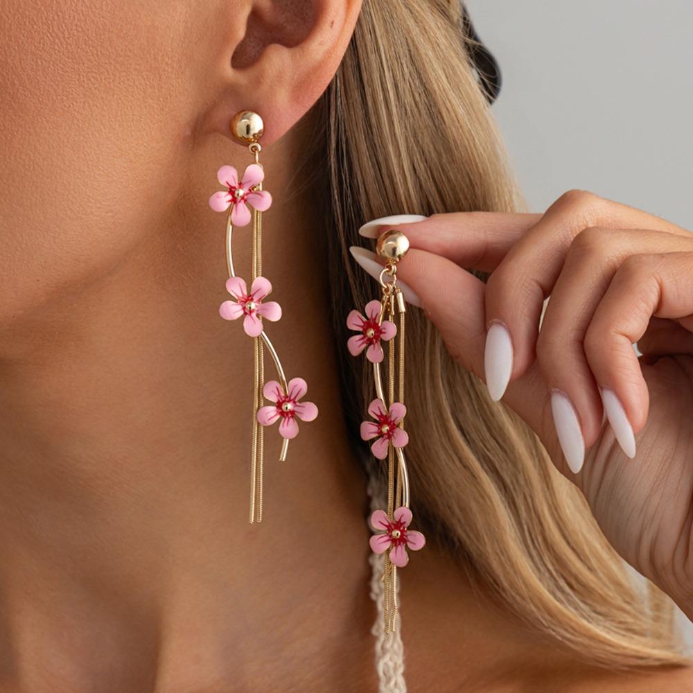 Sweet Pink Cherry Blossom Flower Long Tassel Drop Earrings for Women Gold Color Enamel Floral Dangle Earrings Vacation Jewelry