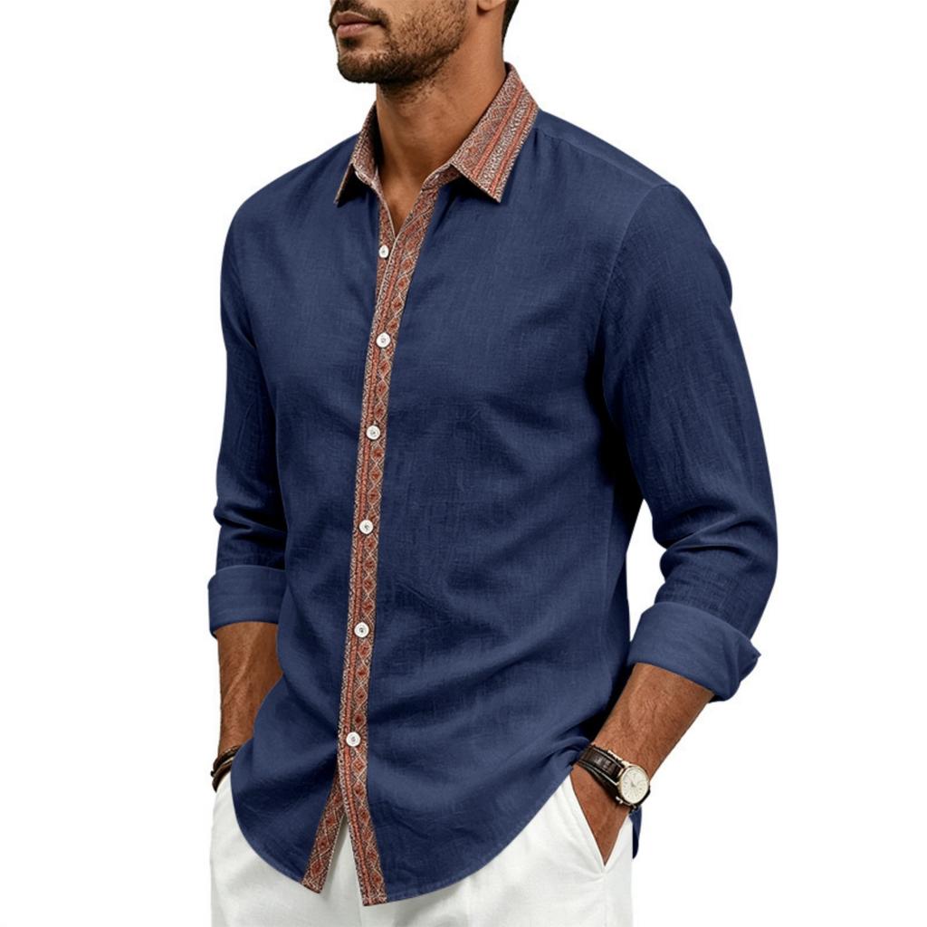 Camicia da uomo a maniche lunghe in lino con abbottonatura e colletto