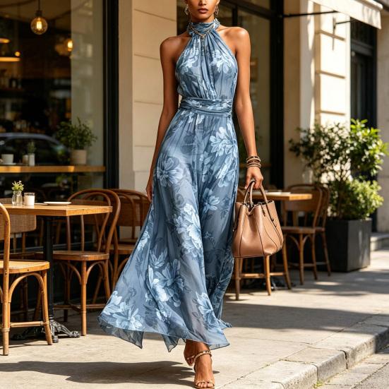 Yangyizhi Floral Chiffon Dress for Women, Halter Sleeveless Ruched Maxi Dress, Turtle Neck Wedding Guest Cocktail Evening