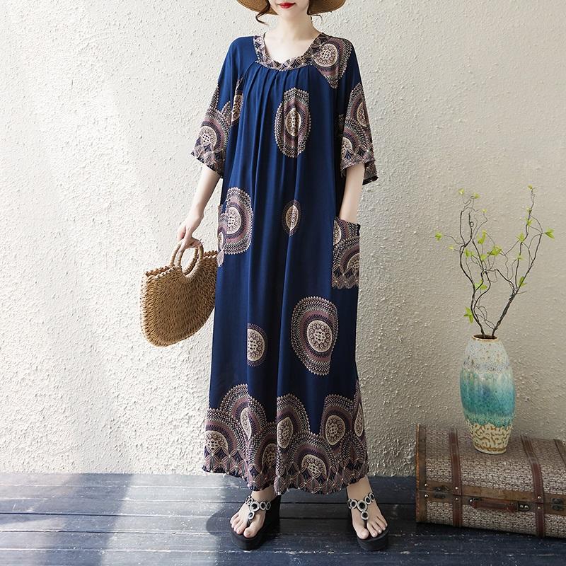 Krátký rukáv Plus size Bavlněné vintage květinové nové šaty pro ženy ležérní volné dlouhé letní šaty