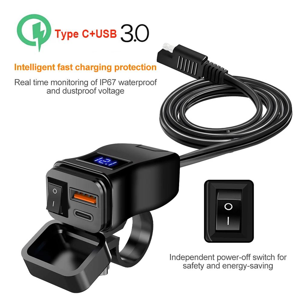 PD+QC3.0 Motocykl USB Rychlá nabíječka 60W Duální USB zásuvka na řídítka se spínačem Voltmetr Vodotěsný 12V napájecí adaptér