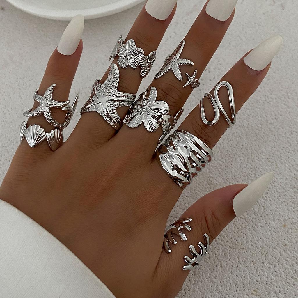 SHIXIN 9 Pcs Creative Starfish Scallop Flower Open Rings Set for Women Bohemian Irregular Adjustable Ring Beach Daily Jewelry