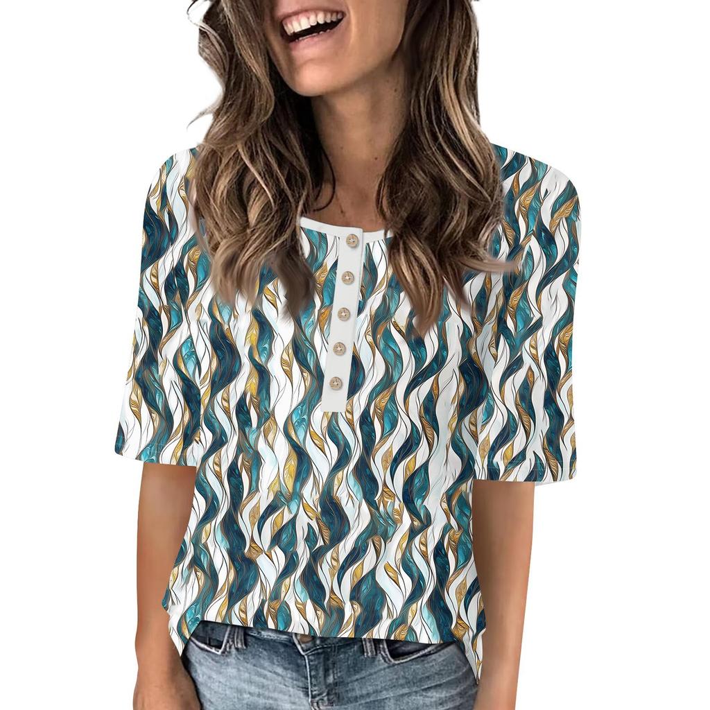 Shirts For Women Trendy Round Neck Button T Shirts Printed  Blouse Half Sleeve Tops For Women