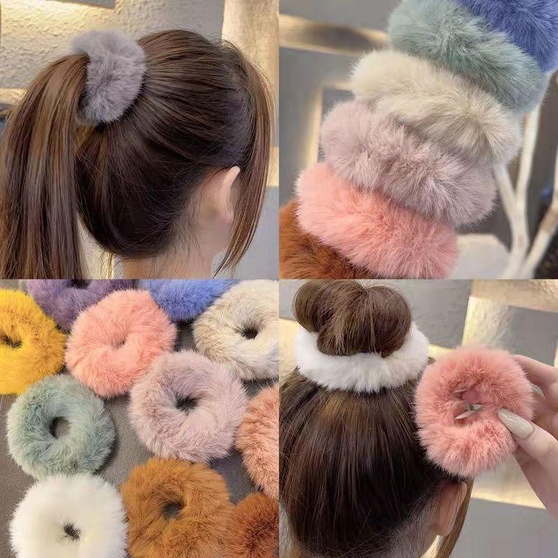 Winter Soft Plush Hair Scrunchies Blue Pink Rabbit Fur Hair Tie Women Sweet Ponytail Hair Rope Elastic Rubber Bands