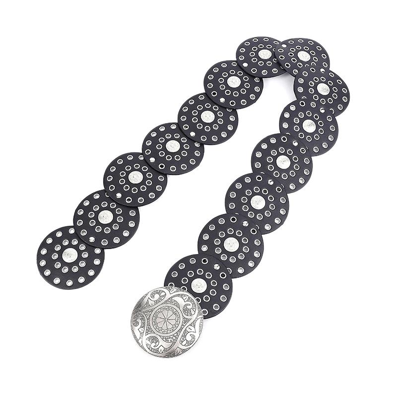 Curea Boho Disc Lată Femei Vintage Piele Pu Hollow Western Cowboy Cataramă metalică Curele cu lanț Curele rotunde exagerate