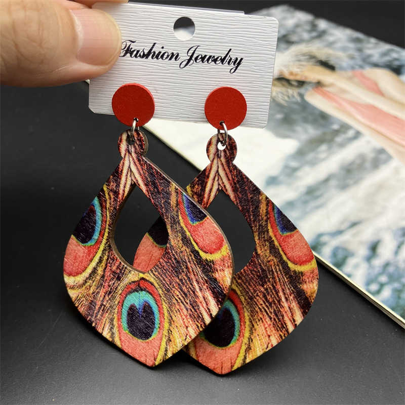 Bohemian Peacock Feather Long Earrings Wooden Earrings Retro Ethnic Style