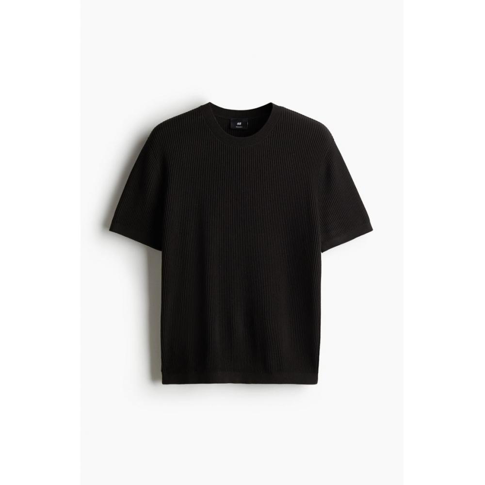 H M Regular Fit Ribbed Knit Tee Black