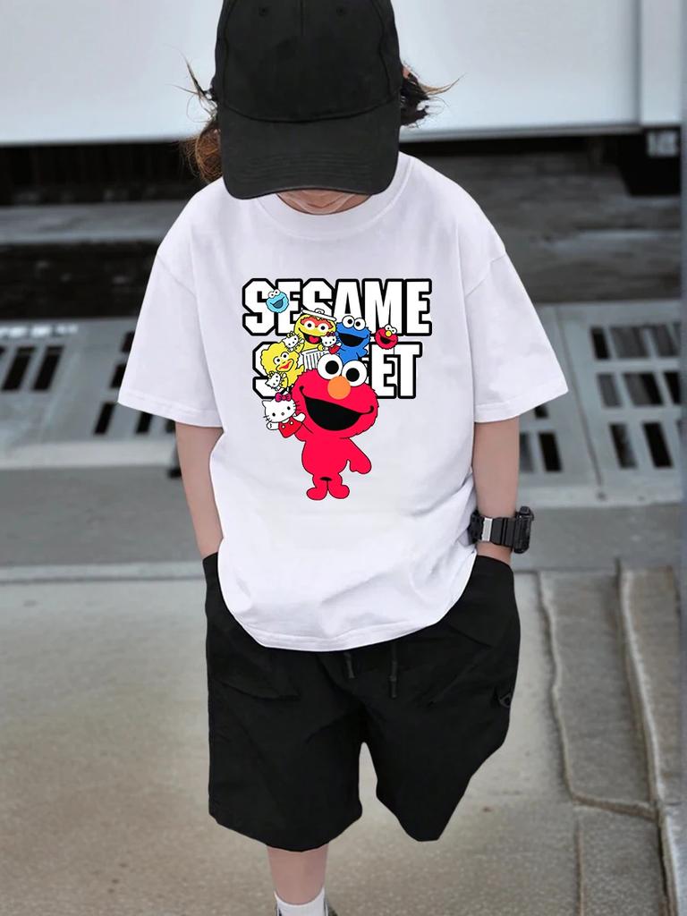Elmo Sesame Street Kids Short Sleeve T Shirt Summer Cute Cartoon Crewneck Boys Girls 3-14