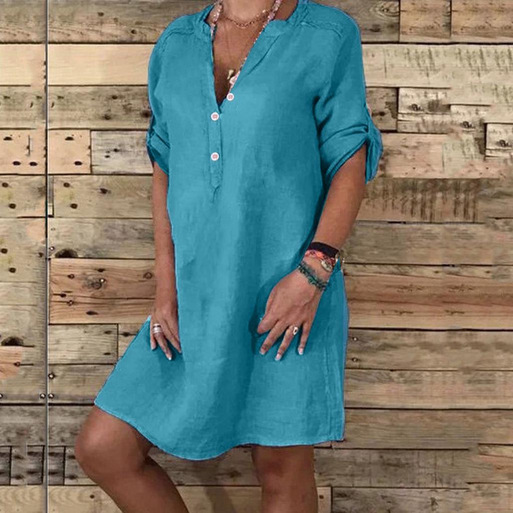 Women's Fashion Casual Temperament Crewneck Button Loose Cotton Hemp Color Dress