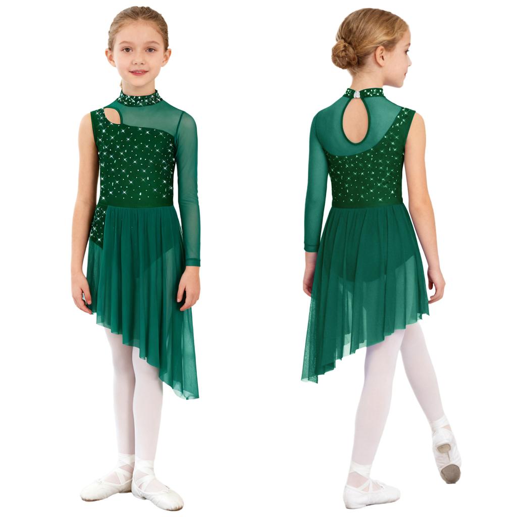Complete Competition Lyrical Costume for Girls: Features Asymmetrical Design, Mock Neck, Mesh & Rhinestone Details