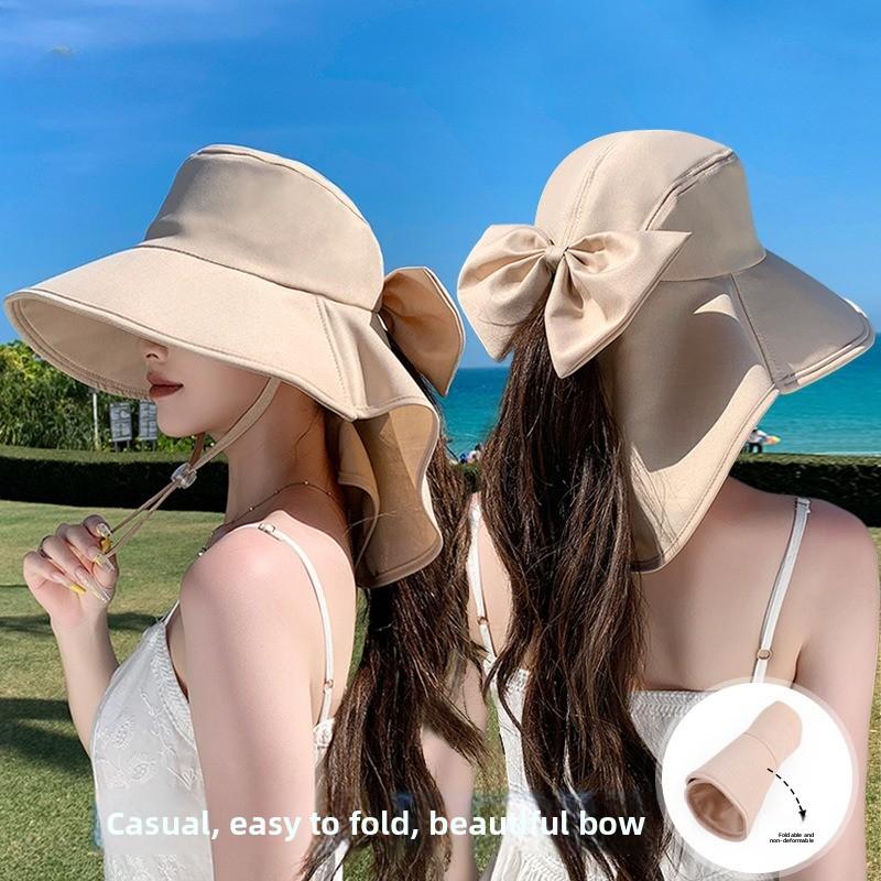 Summer Bow Shawl Bucket Hats For Women Outdoor Sun Protection Visor Korean Fashion Lady Fisherman Hat With Ponytail Cap Female