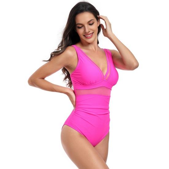 Traje de baño de una pieza con escote en V profundo, sin mangas, con control de abdomen, malla adelgazante transparente para mujer