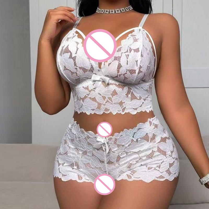 New Pajamas Set Lace Sleepwear For Women Exotic Costumes Babydoll Floral Transparent Traf And Short Sexy Lingerie Nightdress Hot