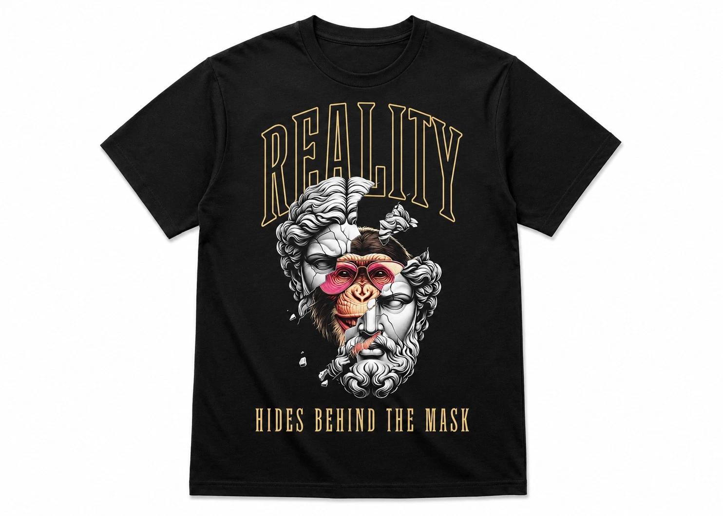 

Reality Hides Behind The Mask T-T-Shirt Greek Statue Monkey Graphic Tee Black UK L