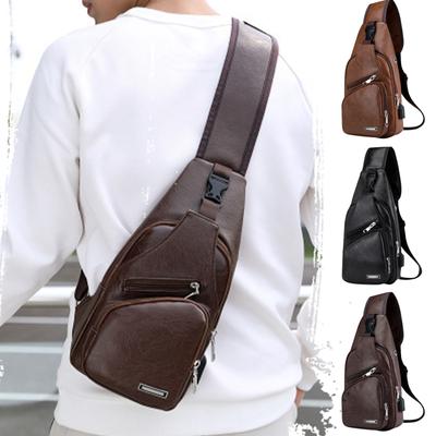 Soft Leather Pu Casual Sports Chest Bag Multi-Functional Waterproof Versatile Usb Anti-Theft Men'S Chest Bag