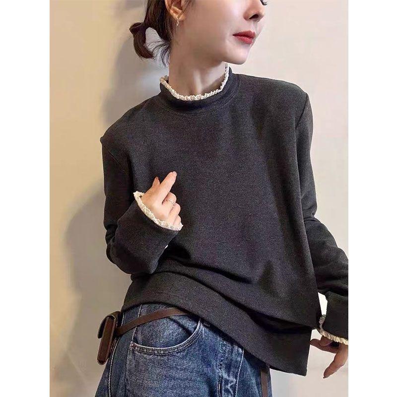 Women's Slimming Plus Size Lace High Neck Long Sleeve Warm Base Layer T-shirt for Autumn/Winter