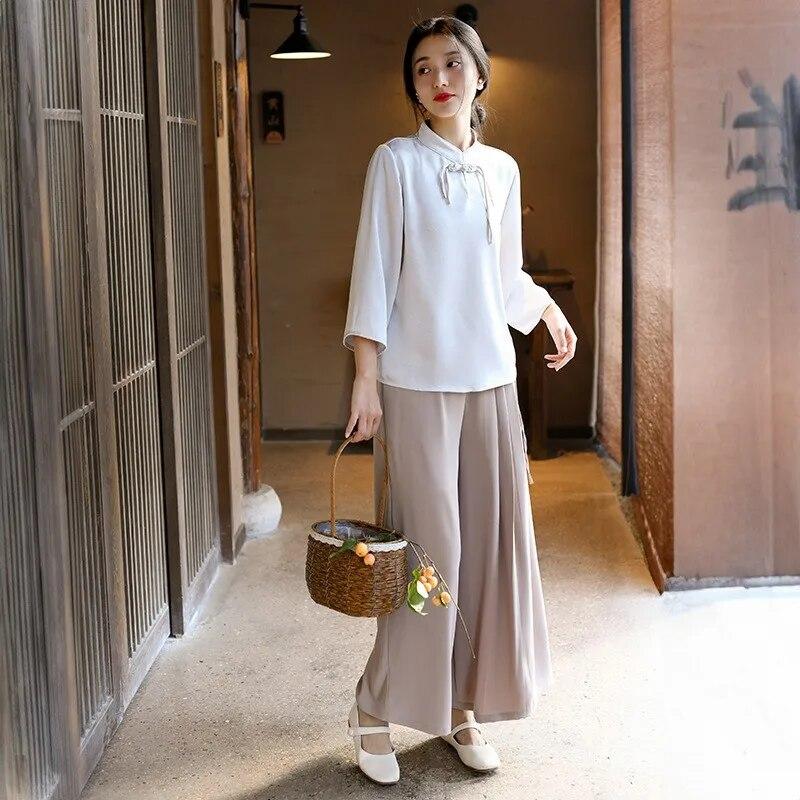 Johnature Spring Vintage High Waist Wide Leg Pants Belt Patchwork Pockets Casual Trousers Solid Color Soft Women Pants