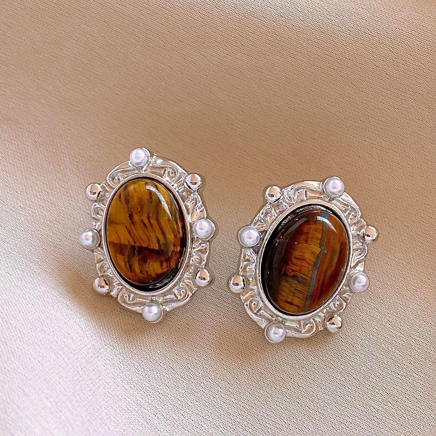 Французские ретро овальные серьги-гвоздики с камнем тигровый глаз и жемчугом, персонализированные серьги для женщин