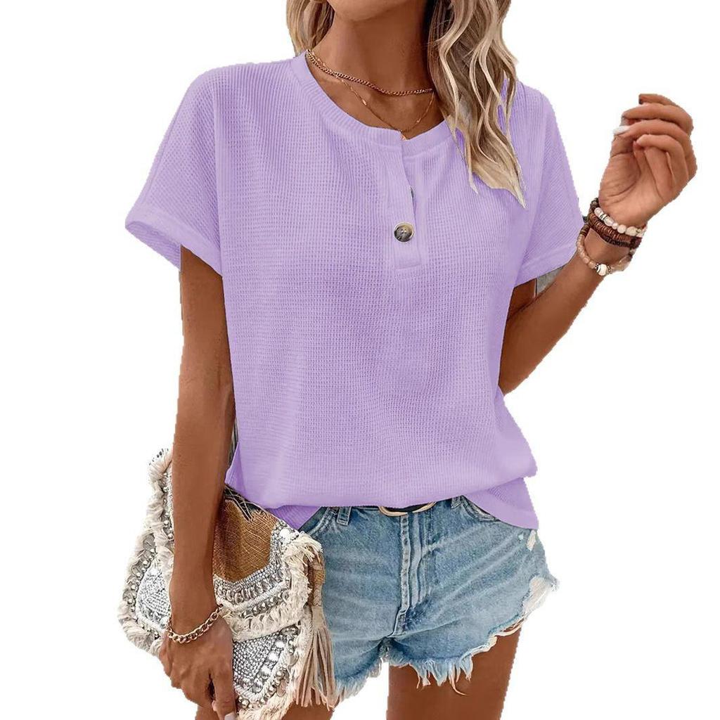 Frühling/Sommer 2025 Damen Plus Size Knopf Kurzarm T-Shirt - Europäischer/Amerikanischer Stil, Einfarbige Mode