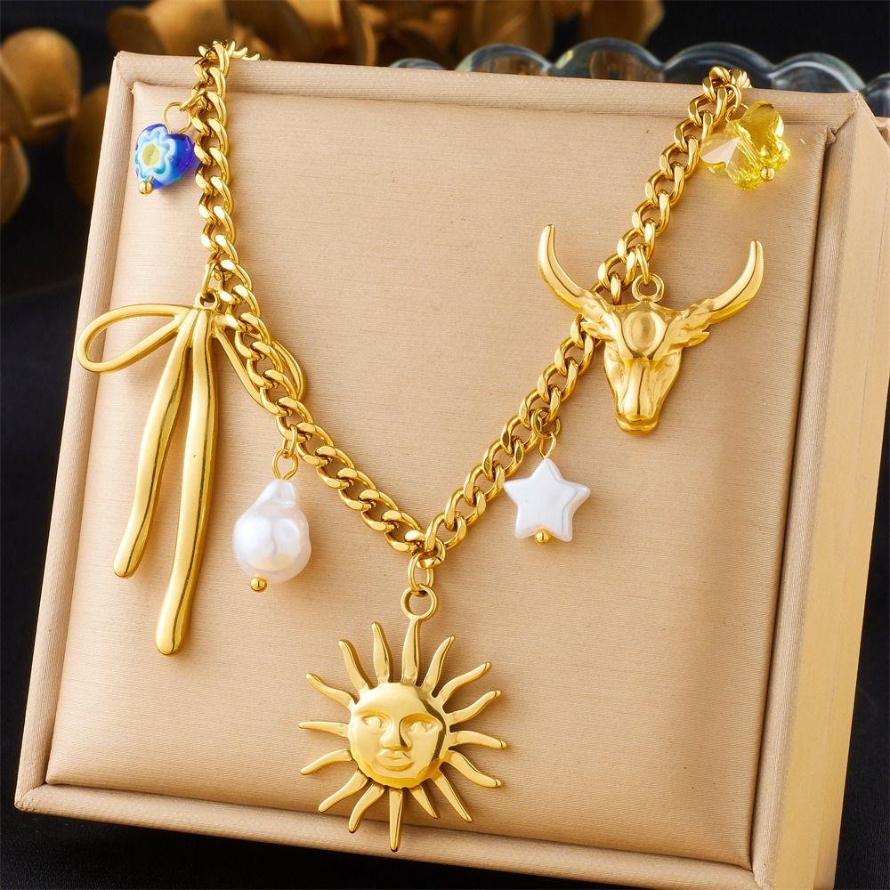 Vintage Ocean Pendant Necklace Metal Chain Multilayer Pearl Necklace Eyes of Demon Necklace  Party