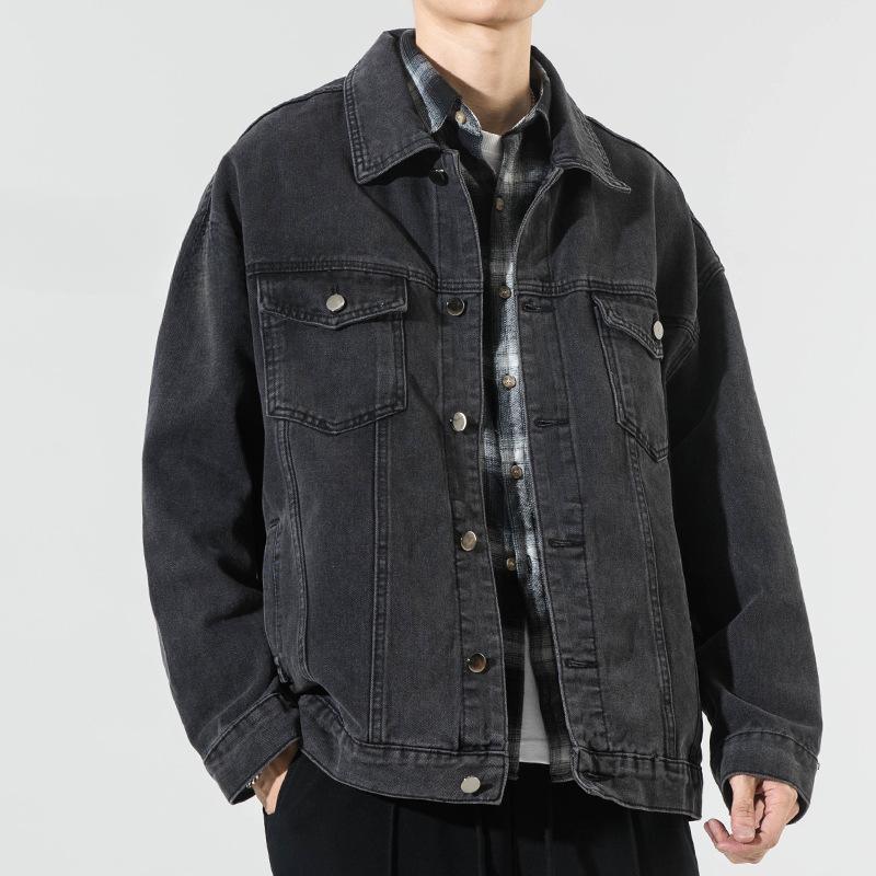Svart denimjakke Herre Løs Casual Pluss Stor Størrelse Fet Ser Tynn Trend Grunnleggende Allsidig Jakke Vår
