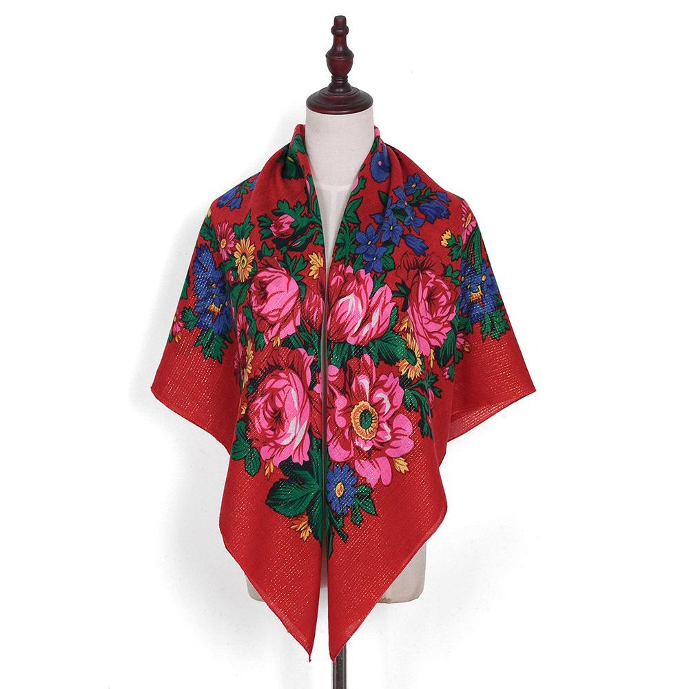 110*110Cm Golden Silvery Wire Russian Square Scarf Women Luxury Floral Print Handkerchief Ethnic Shawl Babushka Bandana Scarves