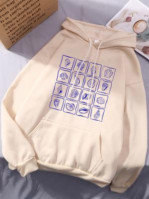 Muschel-Kollektion Druck Hoodies Damen Winter Fleece Warm Sweatshirts Lässige Taschen Oberteile Bequeme Lockere Damenkleidung