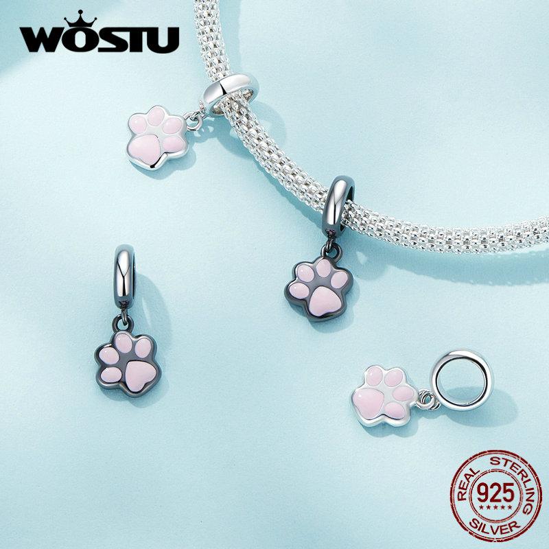 WOSTU 925 Sterling Sølv Svart Gull Mini Cat Paw Charms Anheng Dyreperle For Kvinner Fit DIY Armbånd Halskjede Smykkefremstilling