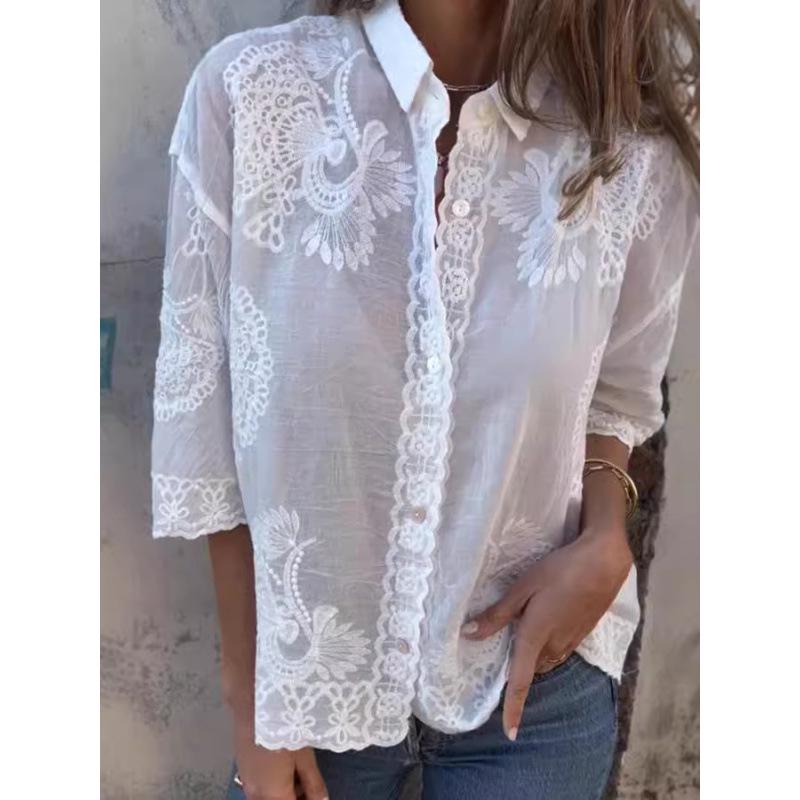 

2024 Ретро Женская Осенняя Свободная Повседневная Блузка с Воротником Поло и Вышивкой, Длинный Рукав Small белый