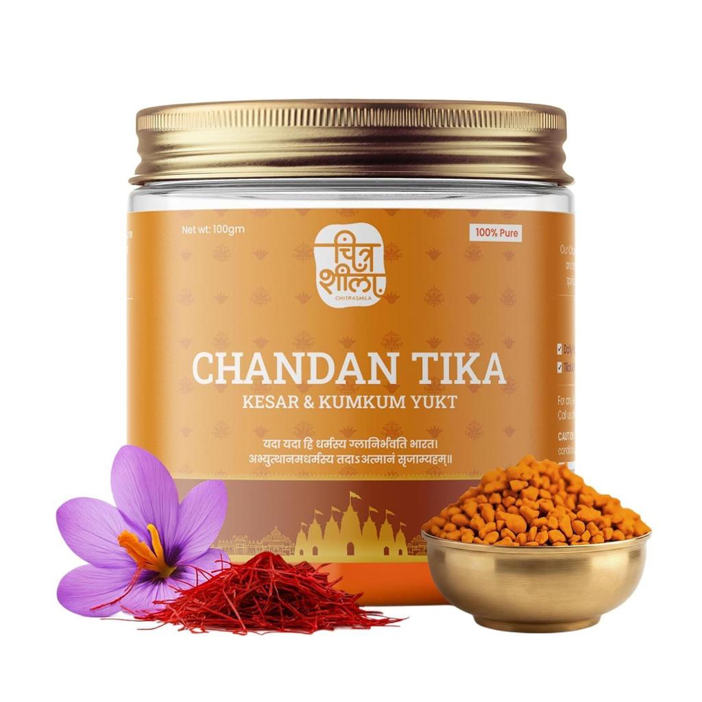 CHITRASHILA® Chandan Tika für Puja Reines Kesar mit Kumkum & Kampfer