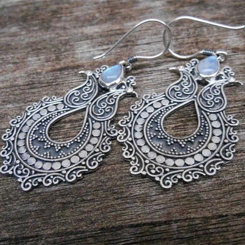 Vintage copper Color Metal Hand Carving Patterns Hook Earrings for Women Jewelry Water Droplet Inlaid Stone Dangle Earring