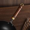 Healthy Hand Forging Cast Iron Pot NonStick Uncoated Frying Pan with Wooden Lid Chinese Wok Induction Cooker Gas
