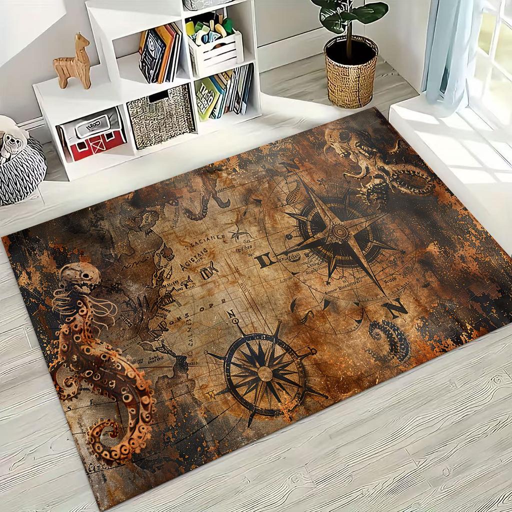 Retro Nautical Map Chart Treasure Map Compass Moto Rug for Bedroom Living Room Sofa Home Doormat Decor,Kids Non-slip Floor Mat