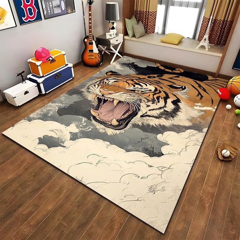 Fierce Tiger Printed Carpet with Clouds, Modern Animal Design Rug Suitable for Use As an Anti-slip for Living Room Bedroom Sofas
