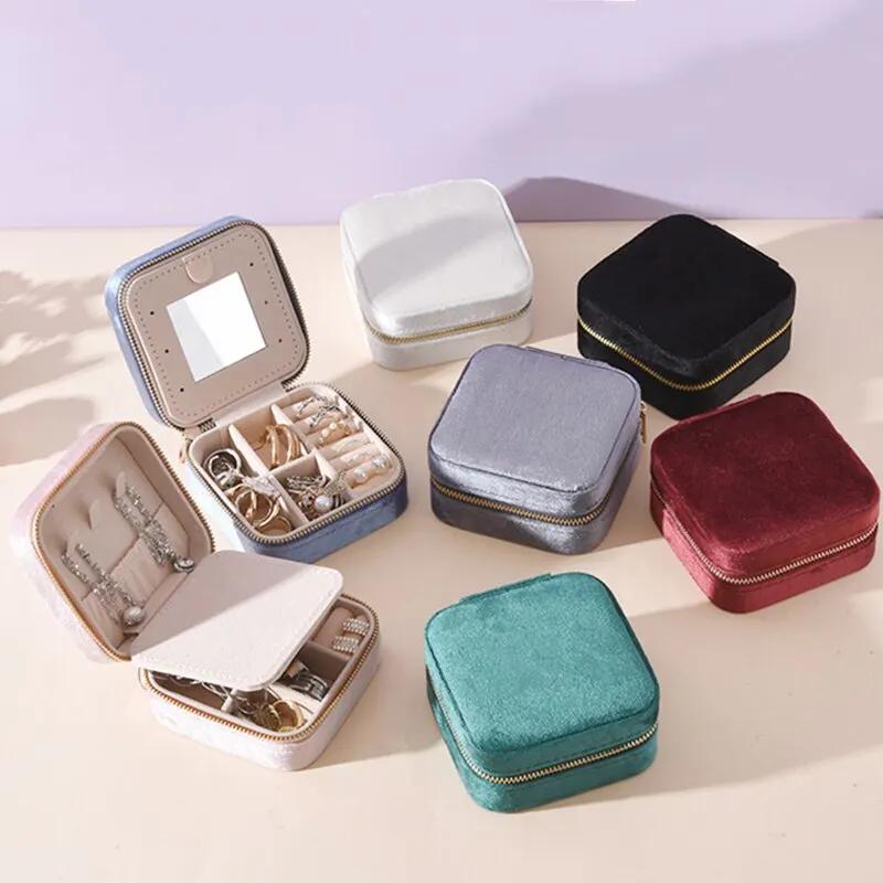 Portable Jewelry Storage Box with Mirror Zipper Square Boxes Earrings Necklace Ring Jewelry Organizer Display for Travel K