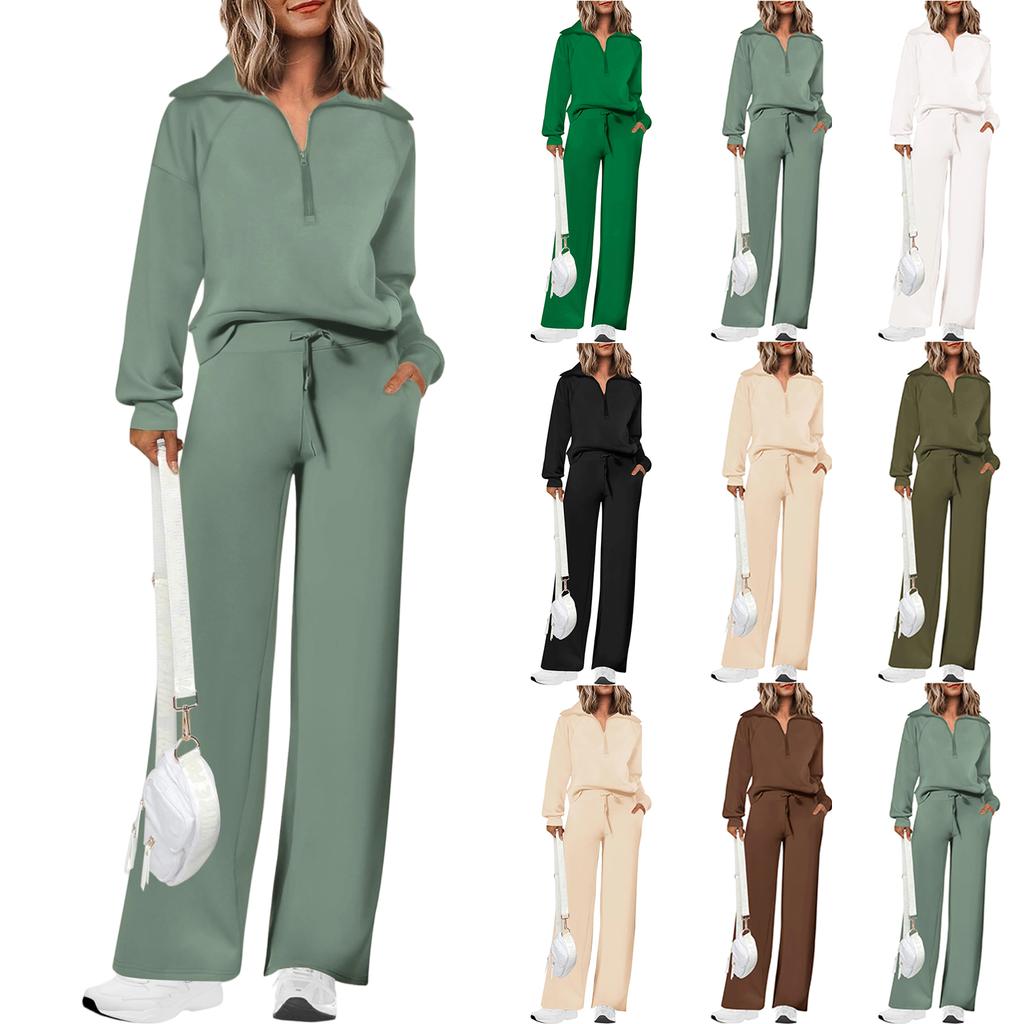 Women's Zip Up Long Sleeve Hoodie and Wide Leg Pants Activewear Set