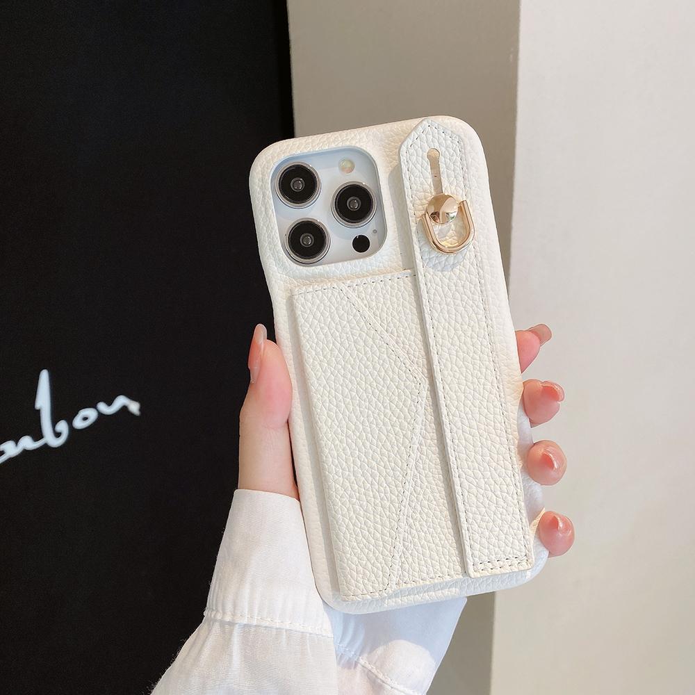 For iPhone 15 Pro Case with Card Slot Wristband Kickstand PU Leather+PET Phone Cover
