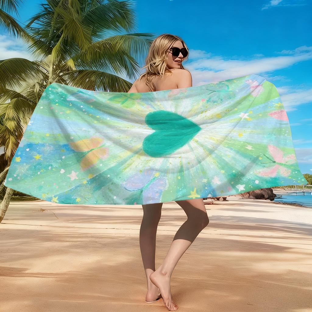 Green Love Butterfly Beach Towel Quick-drying Super Absorbent Suitable for Swimming Beach Pool Gym Summer Gift for Friend Family