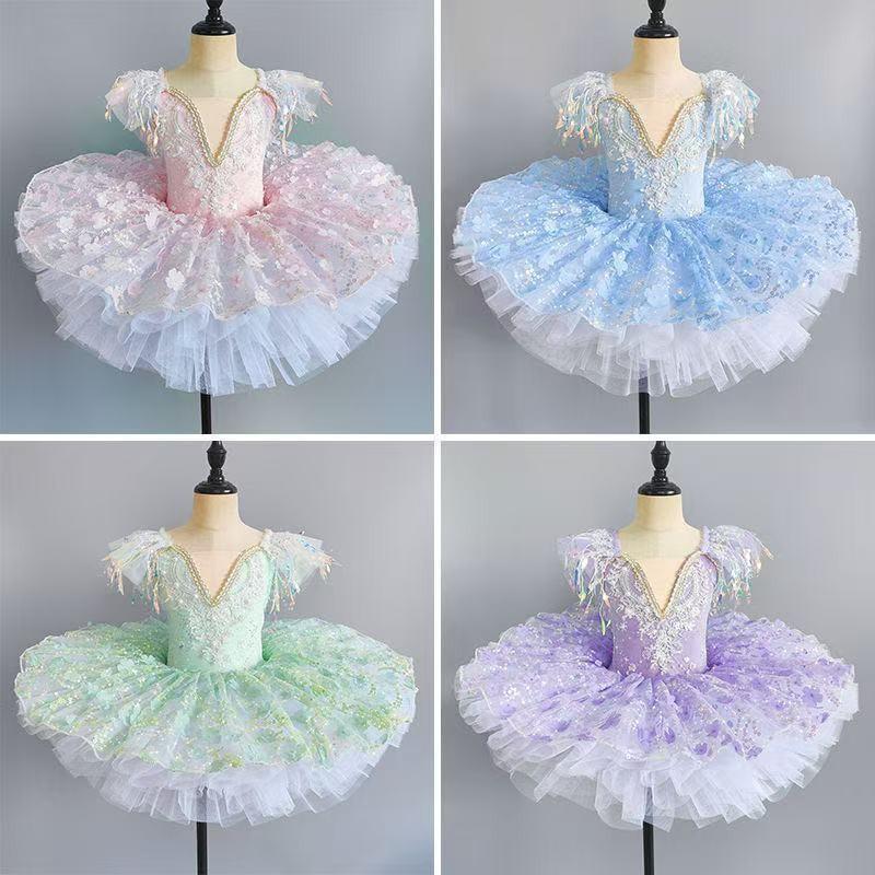 Błyszcząca Sukienka Baletowa z Frędzlami na Ramię dla Dziewczynek Tuba Baletowa Ubranie na Występ Baletnica Sukienka Baletowa Dziewczynka