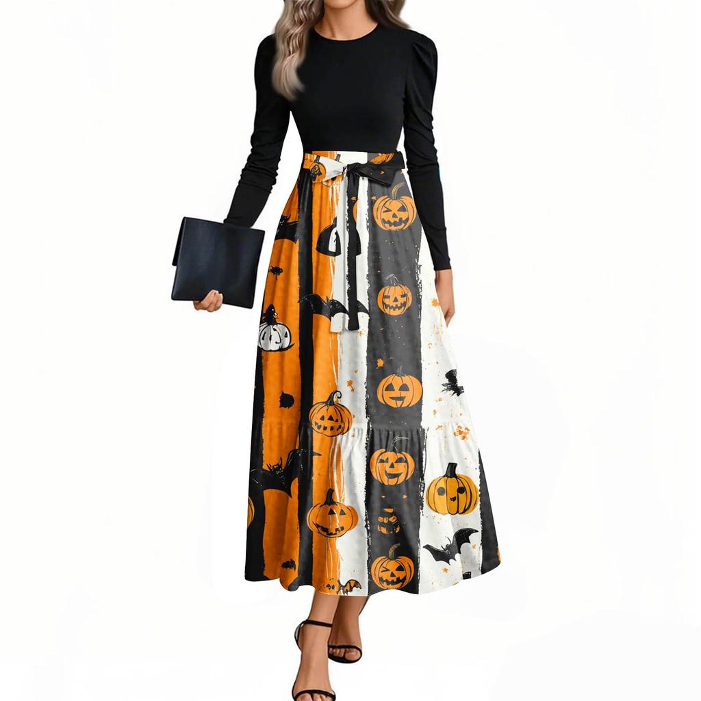 Women's Fashion Casual Belted Long Sleeve Round Neck Halloween Printed Elegant Temperament Dresses