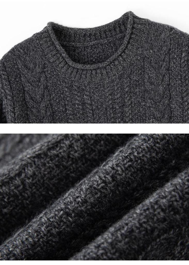 Women's Retro Cable Knit Cashmere Sweater – Round Neck, Rolled Hem, Thick, Loose, and Cozy for Autumn and Winter.