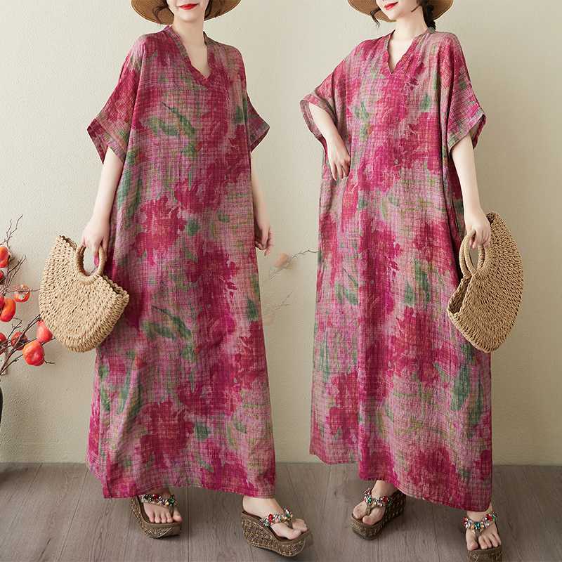 Women's Vintage Long Dress with Cotton and Linen Patterns