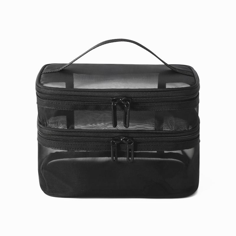 Double-Layer Nylon Mesh Travel Cosmetic Bag - Large Capacity, Transparent, Handheld Toiletry Organizer