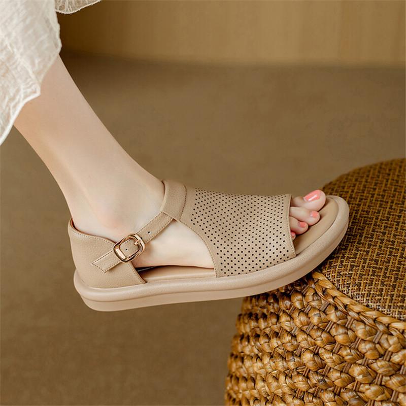 Fashion New Split Leather Summer Sandals Round Toe Low Heel Roman Sandals for Women Fashion Hollow Out Flat Shoes Concise Ladies Shoes