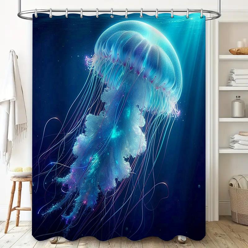Stunning Blue Jellyfish Shower Curtain for Modern Bathrooms Waterproof Fabric with Fringe Design Perfect Decorative Touch